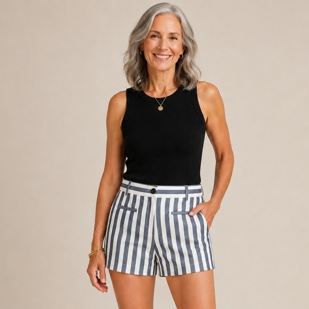 LOFT Shorts Striped Navy Blue White Cotton Blend Nautical Preppy Size‎ 6